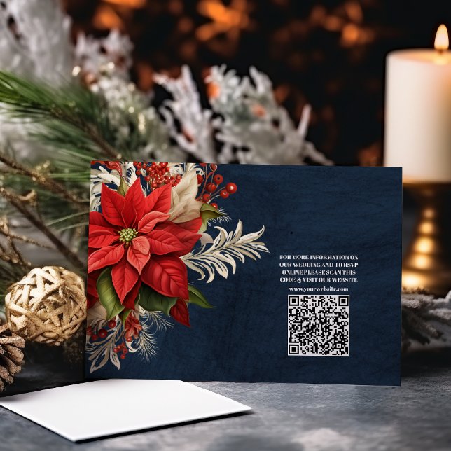 QR Code Rustic Navy Poinsettia Floral Wedding Enclosure Card (Creator Uploaded)