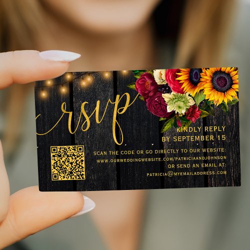 QR code rustic sunflower and roses wedding RSVP Enclosure Card