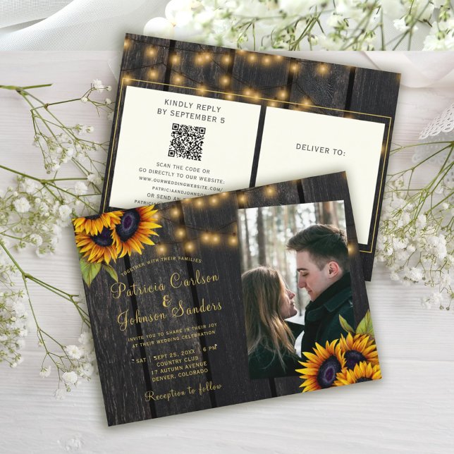 QR code rustic sunflower wedding all in one Invitation Postcard (Creator Uploaded)