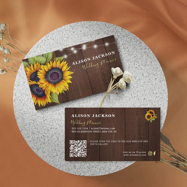 QR CODE rustic sunflowers barnwood wedding planner Business Card (Creator Uploaded)