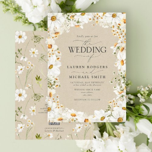 QR Code Rustic Watercolor Daisy Flowers Wedding Invitation