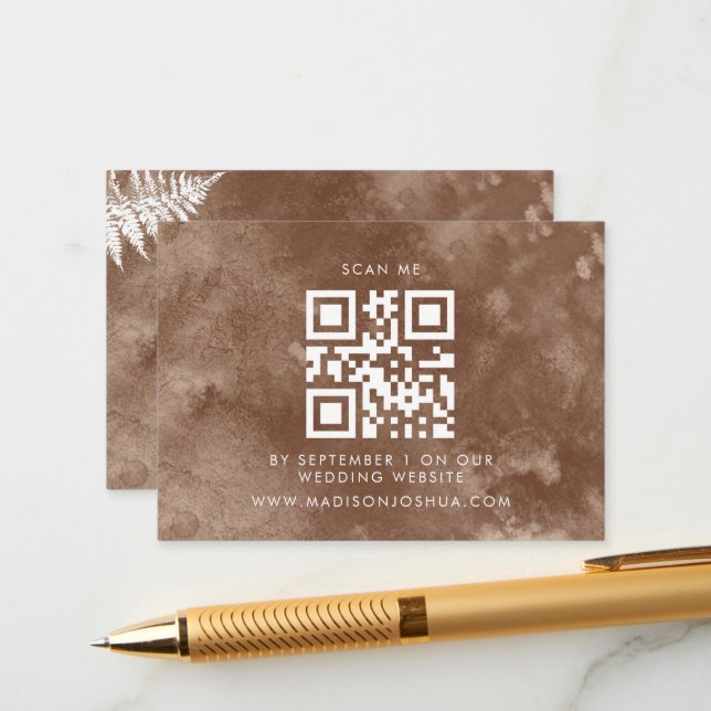 Qr Code Rustic Watercolor Wild Fern RSVP Enclosure Card (Front/Back In Situ)