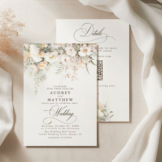 QR Code Rustic White Blooms Wedding Invitation (Creator Uploaded)