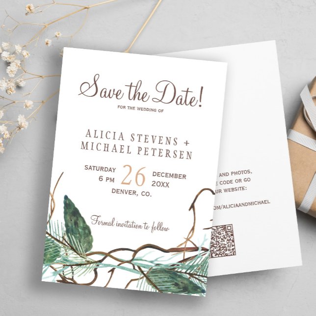 QR code rustic winter forest wedding Save The Date (Creator Uploaded)