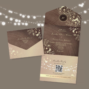 QR Code Rustic Wood Rose Gold Wedding All In One Invitation