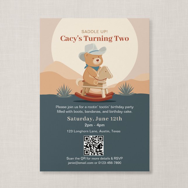 QR Code Saddle Up Teddy Bear Cowboy Birthday Invitation (Saddle Up - Teddy Bear Rodeo QR Birthday Invitation, Front)