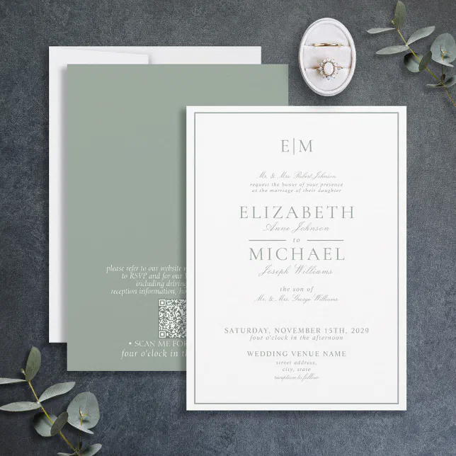 QR Code Sage Green Classic Script Monogram Wedding Invitation | Zazzle