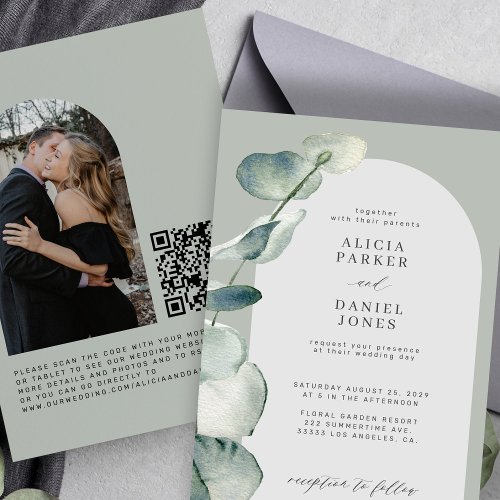 QR CODE sage green eucalyptus arch PHOTO wedding Invitation
