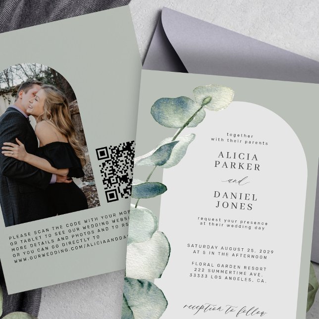 QR CODE sage green eucalyptus arch PHOTO wedding Invitation (Creator Uploaded)