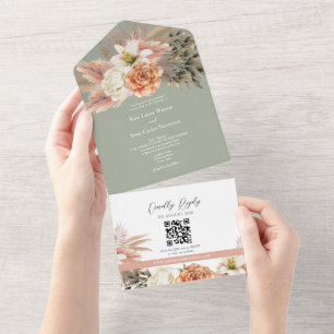 QR Code Sage Green Floral Wedding All In One Invitation