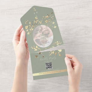 QR Code Sage Green Gold Floral Wedding All In One Invitation