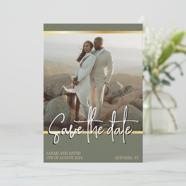 QR Code Sage Green Golden Minimalist Photo Save The Date (Standing Front)