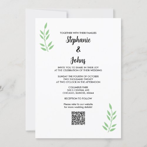 QR Code Sage Green Leaf Black Script Wedding Invitation