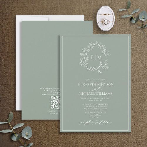 QR Code Sage Green Leafy Crest Monogram Wedding Invitation
