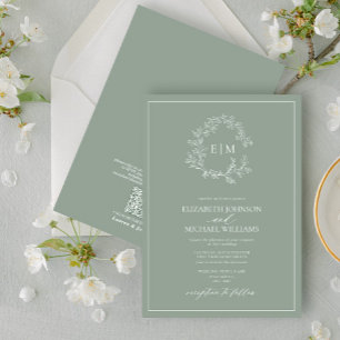 QR Code Sage Green Leafy Crest Monogram Wedding Invitation