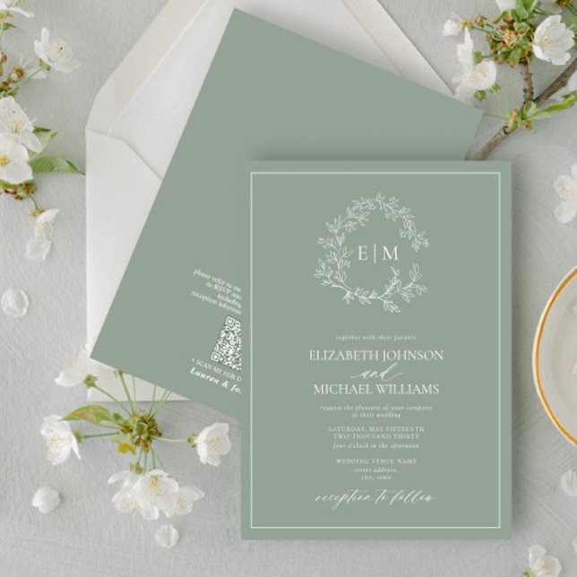 QR Code Sage Green Leafy Crest Monogram Wedding Invitation (Creator Uploaded)