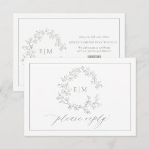 QR Code Sage Green Leafy Crest Monogram Wedding RSVP Card