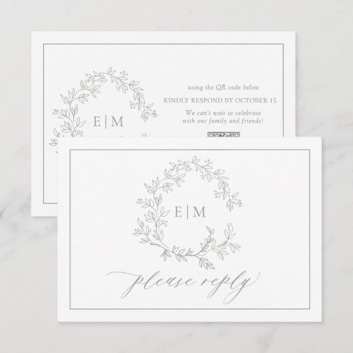 QR Code Sage Green Leafy Crest Monogram Wedding RSVP Card
