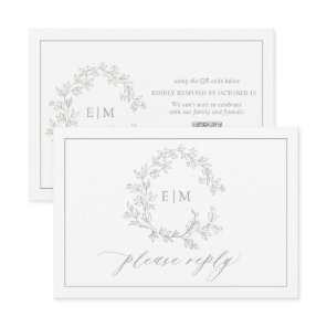 QR Code Sage Green Leafy Crest Monogram Wedding RSVP Card