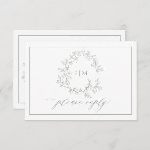 QR Code Sage Green Leafy Crest Monogram Wedding RSVP Card