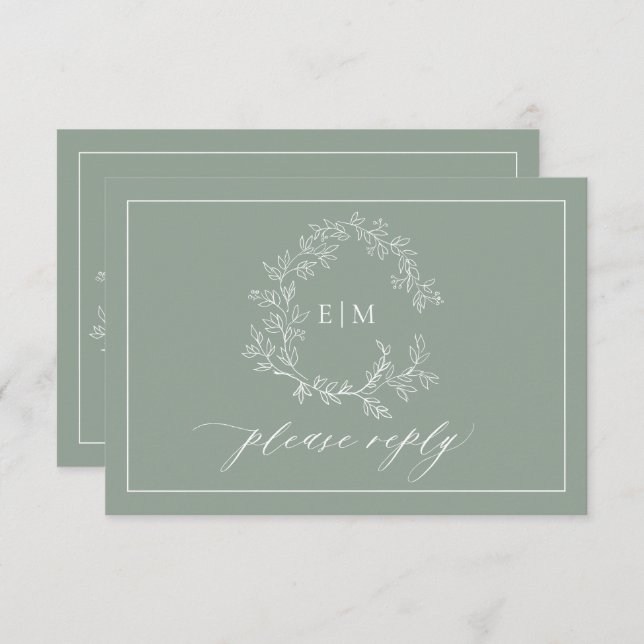 QR Code Sage Green Leafy Crest Monogram Wedding RSVP Card (Front/Back)