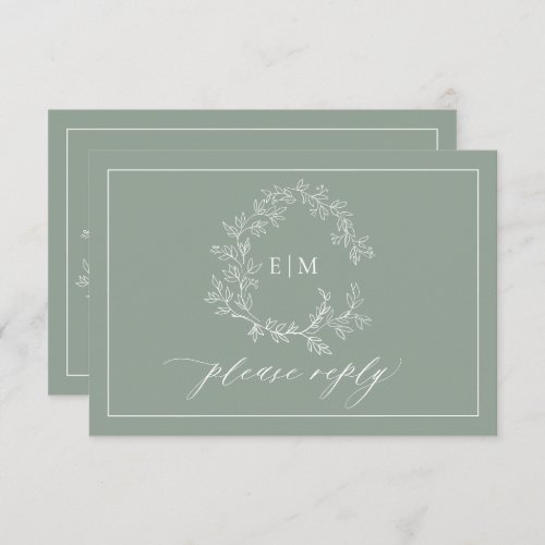 QR Code Sage Green Leafy Crest Monogram Wedding RSVP Card