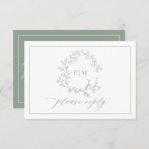 QR Code Sage Green Leafy Crest Monogram Wedding RSVP Card