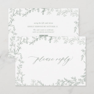 QR Code Sage Green Leafy Frame Rustic Wedding RSVP Card