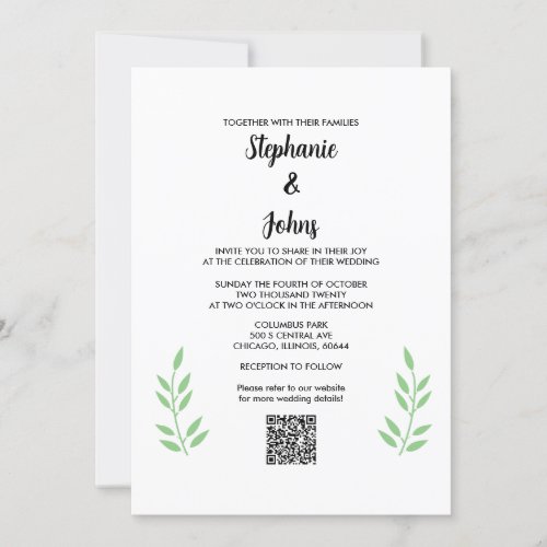 QR Code Sage Green Leaves Black Script Wedding Invitation