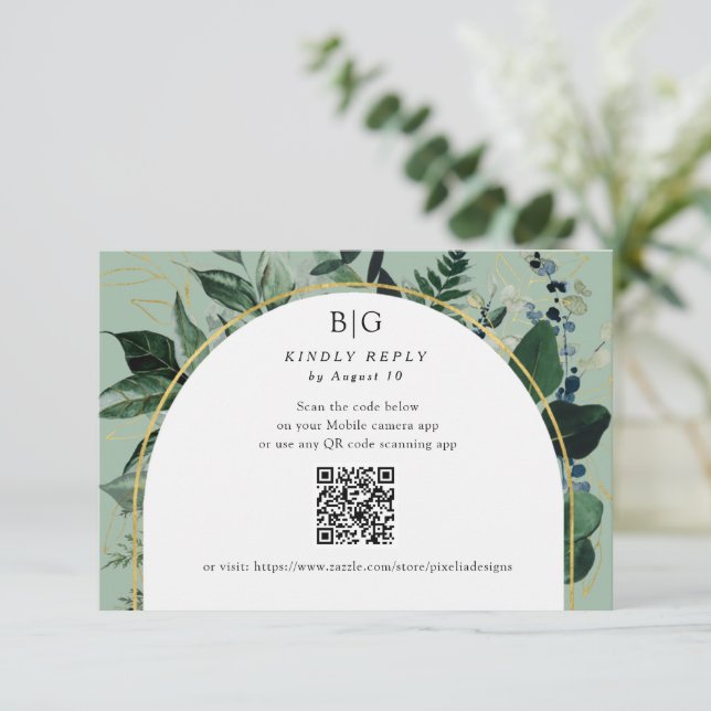 QR code Sage green modern watercolor Greenery RSVP Card (Standing Front)