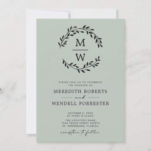 QR Code Sage Green Monogram Wreath Wedding Invitation