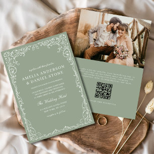 QR Code Sage Green Photo Minimalist Wedding Invitation