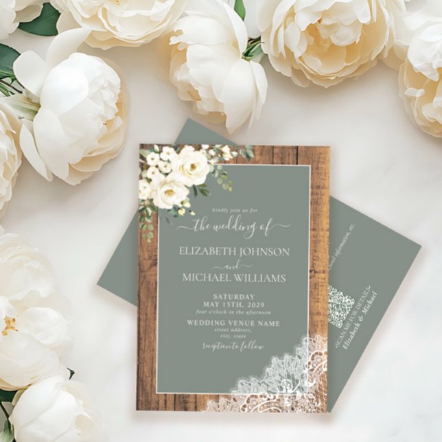 QR Code Sage Green Rustic Wood Script Wedding Invi Invitation (Creator Uploaded)
