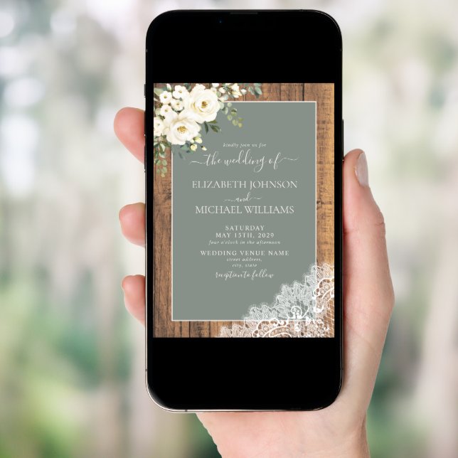 QR Code Sage Green Rustic Wood Script Wedding Invitation (Front Digital)