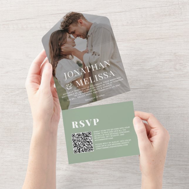 QR Code |  Sage Green Simple Overlay Photo Wedding All In One Invitation (Tearaway)