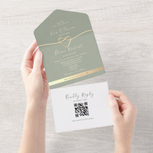 QR Code Sage Green Wedding All In One Invitation