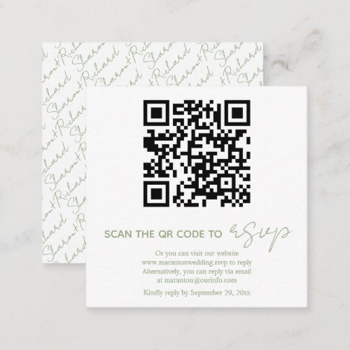 QR code sage green white calligraphy RSVP photo Enclosure Card