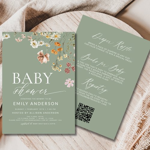 Wildflower Sage green Floral or wildflower baby shower invitation