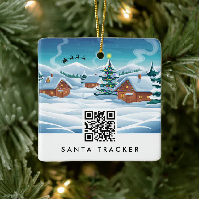 QR Code Santa Tracker Kids Modern Christmas Snow Ceramic Ornament | Zazzle