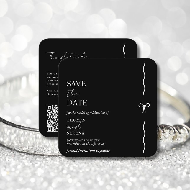 QR Code Save The Date Black White Curve Bow Note Card (Creator Uploaded)