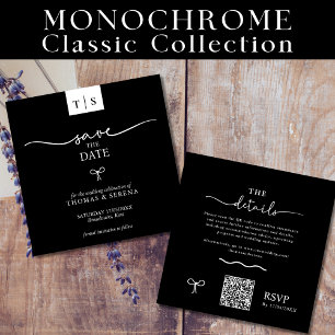 QR Code Save The Date Black White Curve Bow Note Card