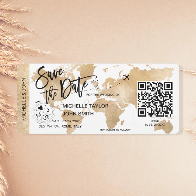 QR Code Save the Date Boarding Pass World Map Invitation | Zazzle