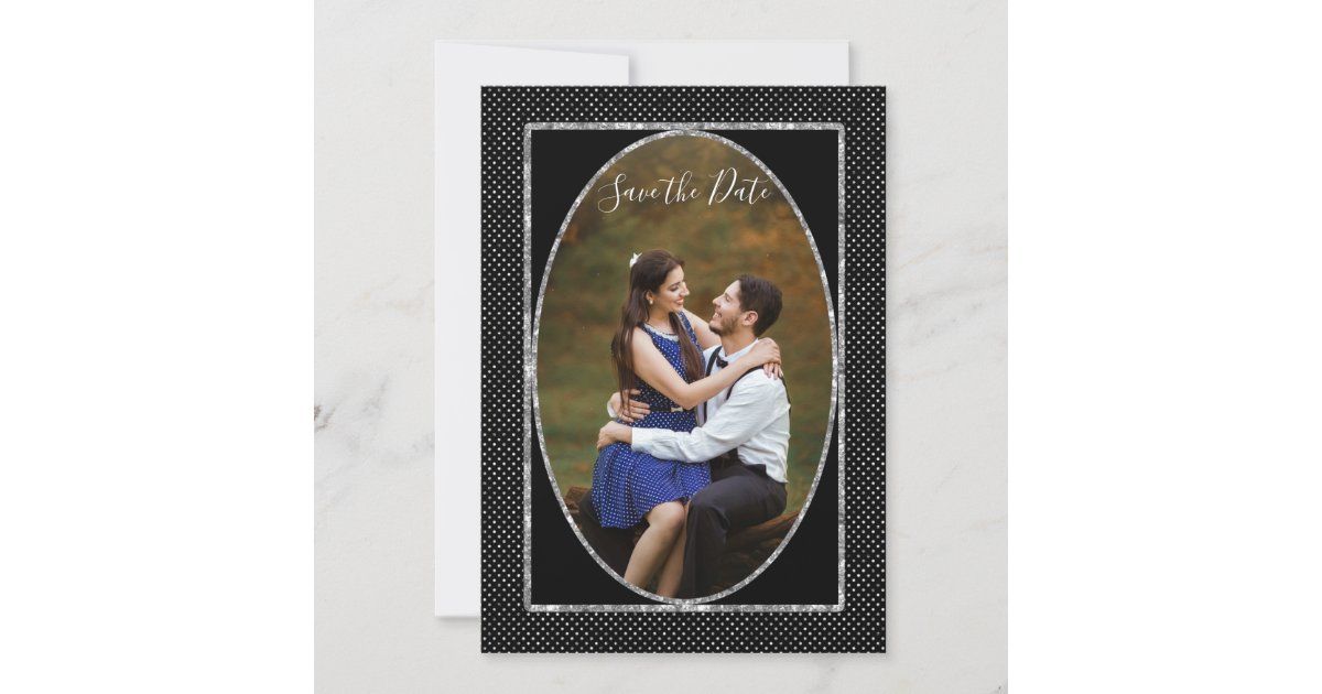 Qr code Save the Date Photo in Silver Glitter Oval Invitation Zazzle