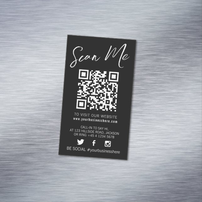 Qr code scan black monotone simple social  business card magnet (In Situ)