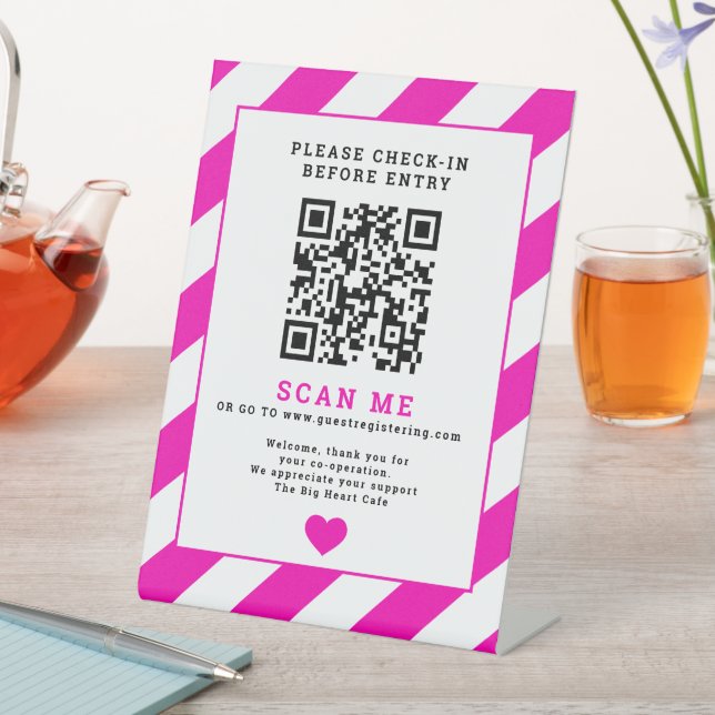 QR Code Scan Check-in business covid signage pink Pedestal Sign (In SItu)