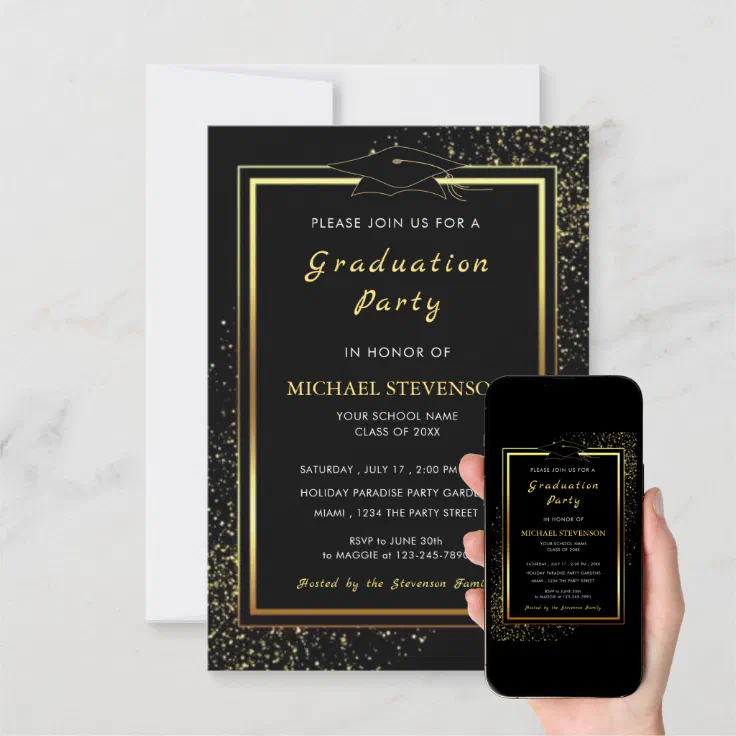 QR Code Scan Info Black Gold Graduation Invitation | Zazzle