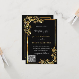 QR Code Scan Info Black Gold Wedding Invitation