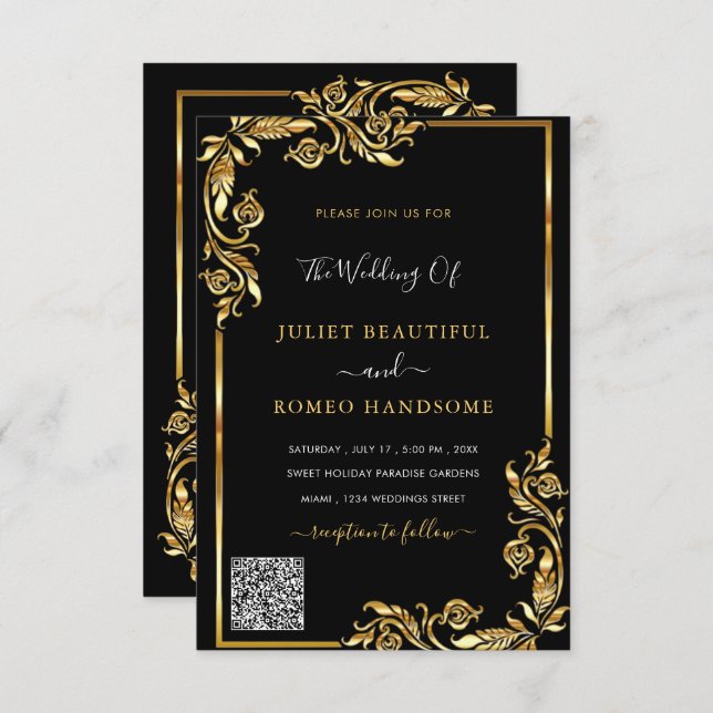 QR Code Scan Info Black Gold Wedding Invitation (Front/Back)