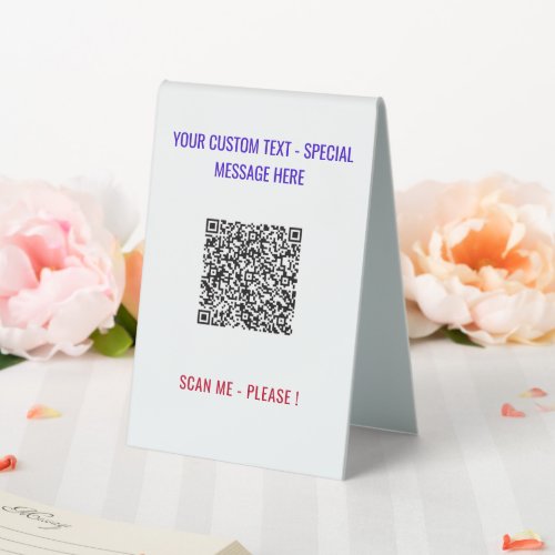 QR Code Scan Info Custom Text Name Table Tent Sign