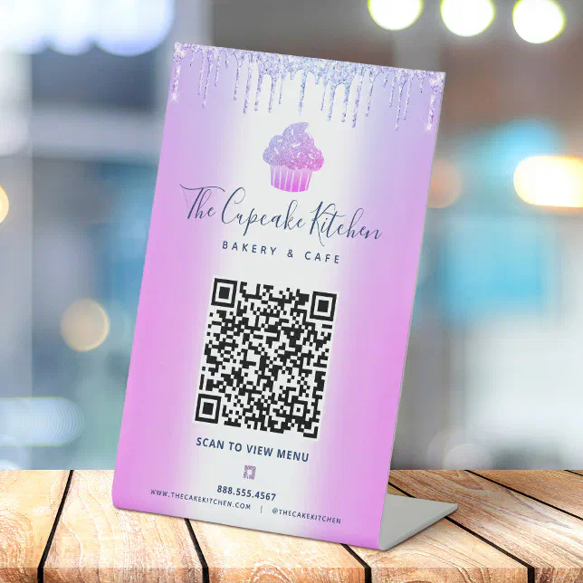 QR Code Scan Menu Purple Cupcake Glitter Bakery Pedestal Sign Zazzle